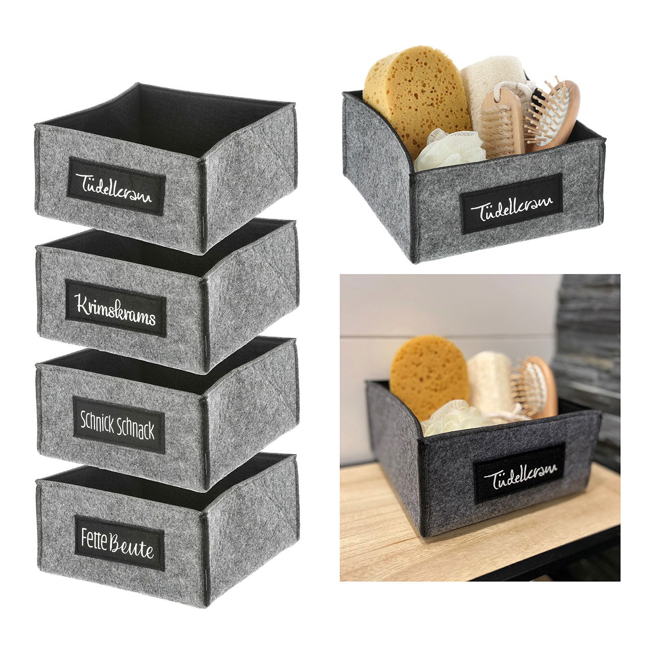 Aufbewahrungskorb mit Spruch, aus Filz Grau 4-fach, (B/H/T) 19x10x19cm Essen, Süßigkeiten, Kiste