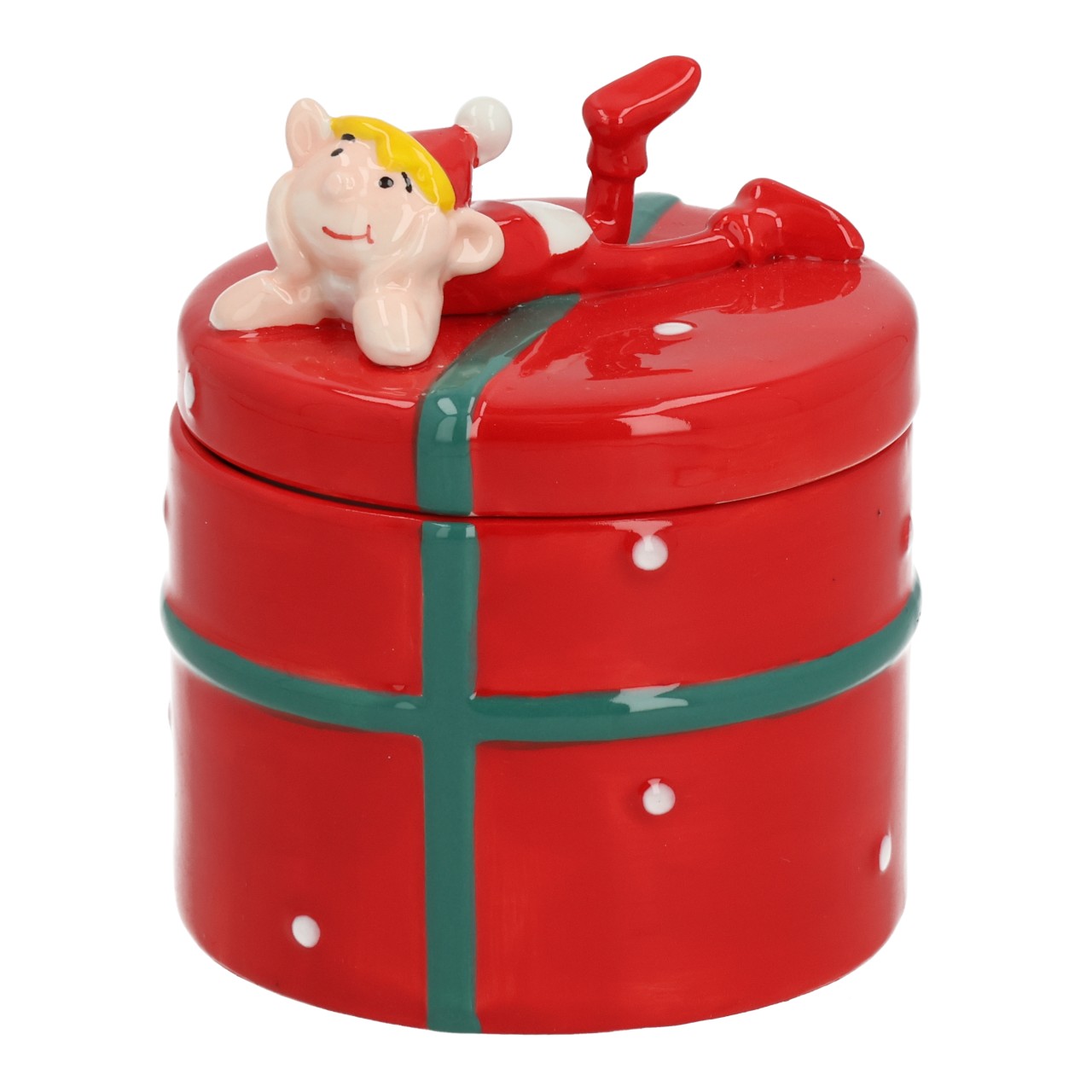Santa Claus & Co. KG Cookie jar gift with Jordi made of ceramic, red/green (W/H/D) 8x12x8cm Geschenkbox, rote Box, Schmuckdose, Geschenkartikel, Präsentverpackung, geschenkbox, rote box, present, minibox, festlich
