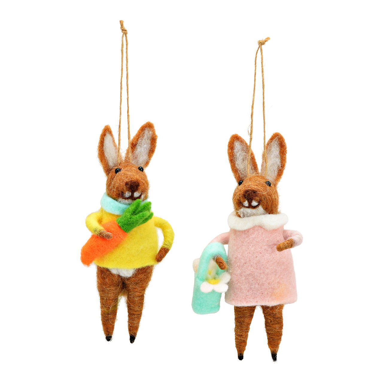 Suspension lapin en feutre 2 fois, marron/rose/vert (L/H/P) 7x14x7cm