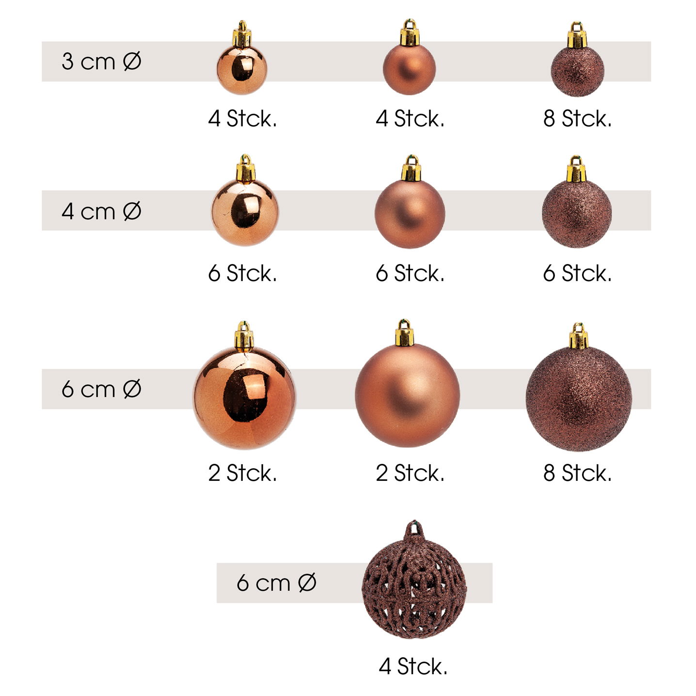 Weihnachtskugeln aus Kunststoff, 50er-Set, Braun Ø3/4/6cm (B/H/T) 23x18x12cm