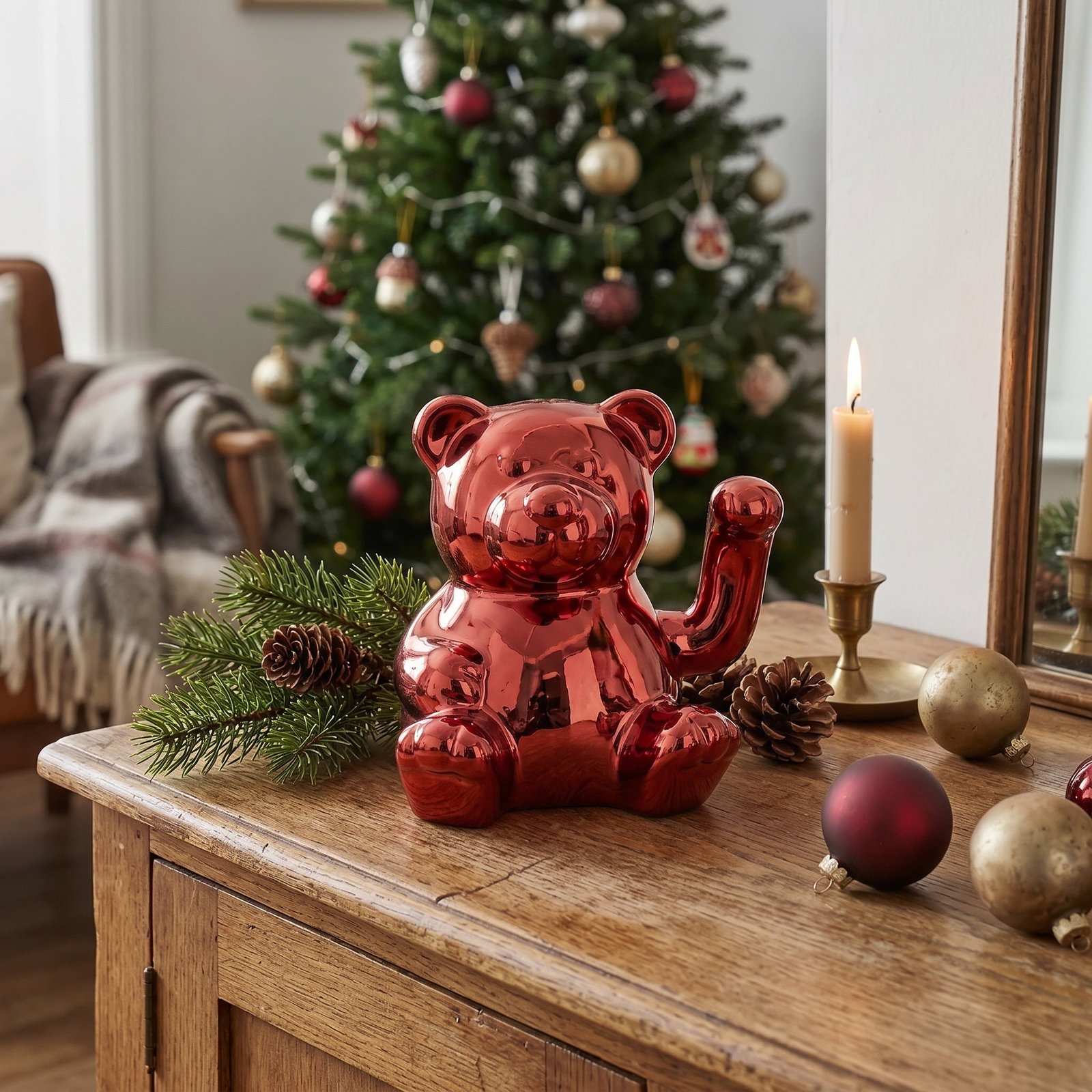 Teddyfigur, Glitzer, Rot, Metallisch, Dekoration