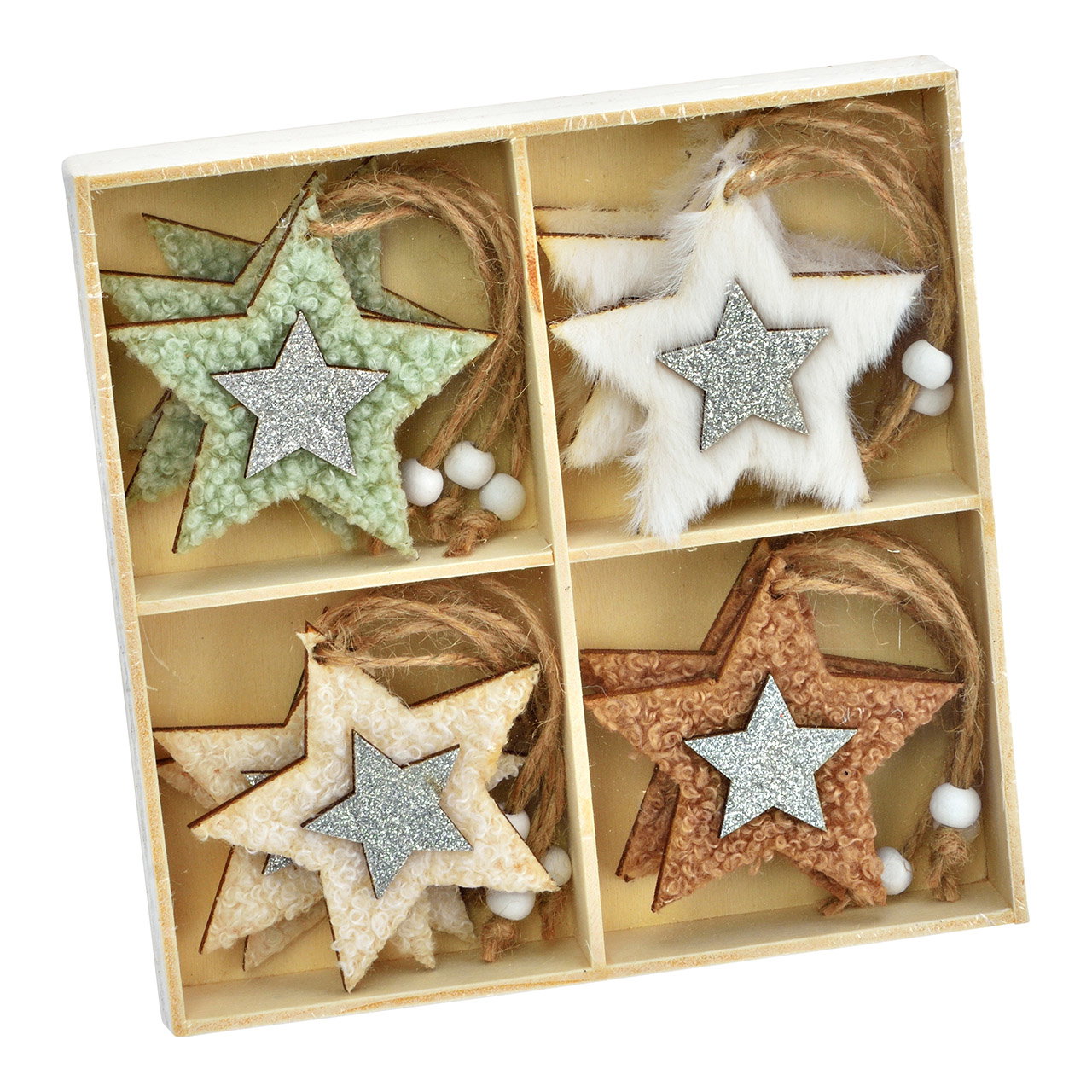Colgador de madera en forma de estrella, juego de 12, beige/verde (ancho/alto) 6x6cm Colgador de madera en forma de estrella, juego de 12, beige/verde (ancho/alto) 6x6cm