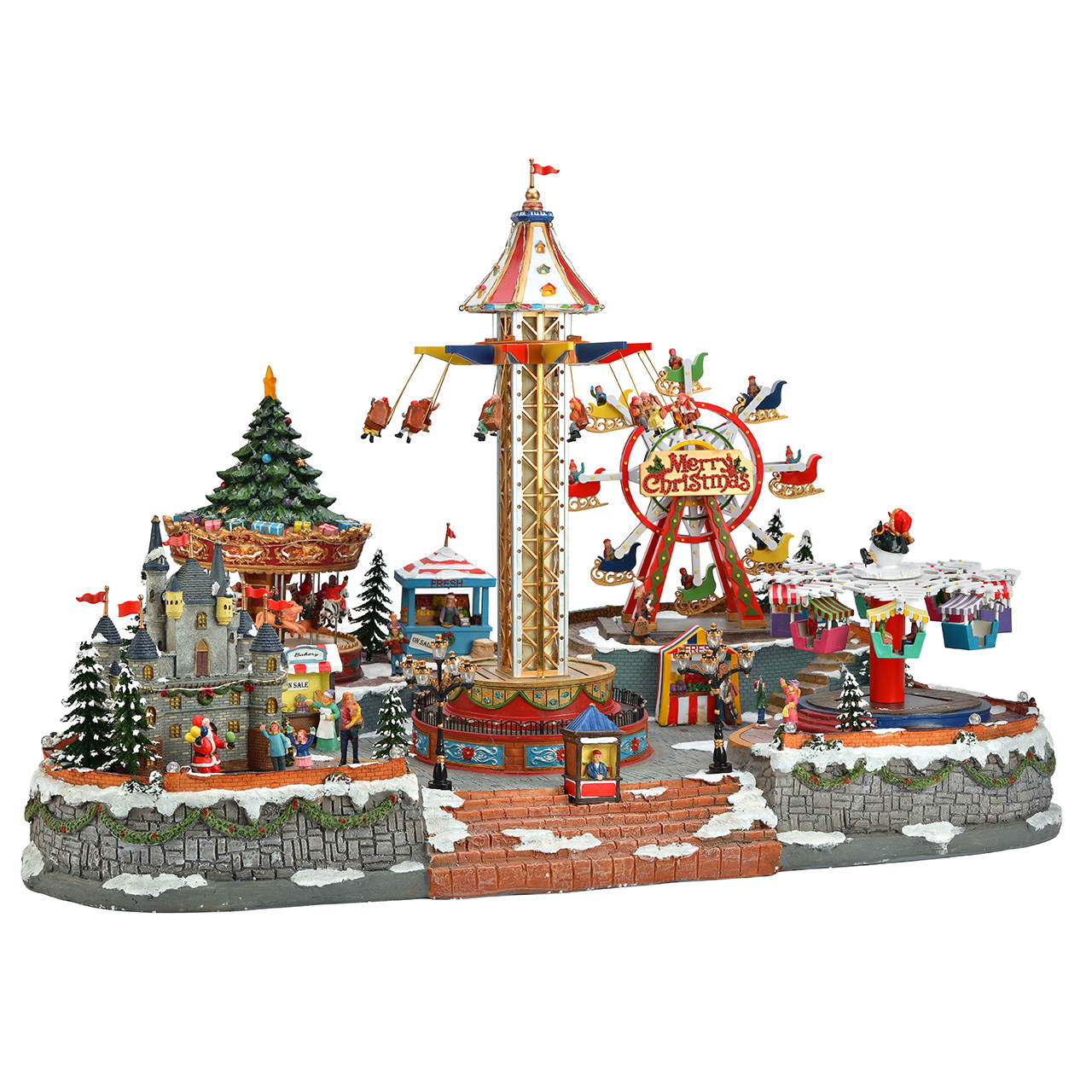 Weihnachtsjahrmarkt mit Riesenrad und Kettenkarussell aus Poly Weihnachtsdorf, Jahrmarkt, Karussell, Winterlandschaft, Miniaturdekoration