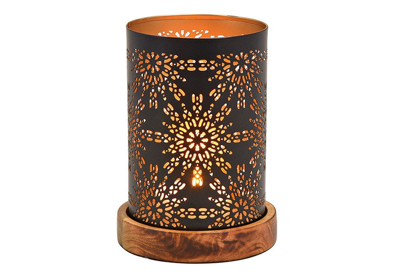 Lanterna su base di legno decorazione fiori di metallo nero (L/H/D) 10x18x10cm