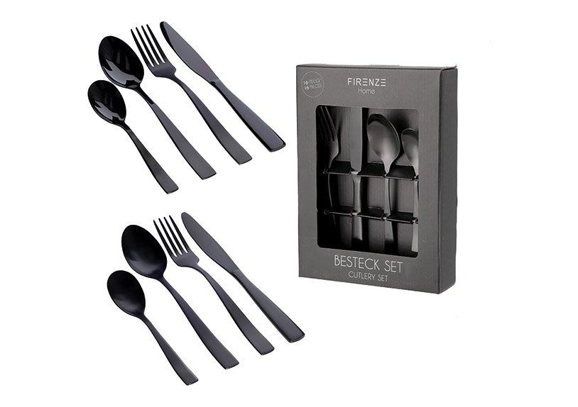 Set di posate nere da 16 pezzi, (L/H/D) 17x24x5cm, acciaio inossidabile 430, 4x coltello, forchetta, cucchiaio, cucchiaino da caffè