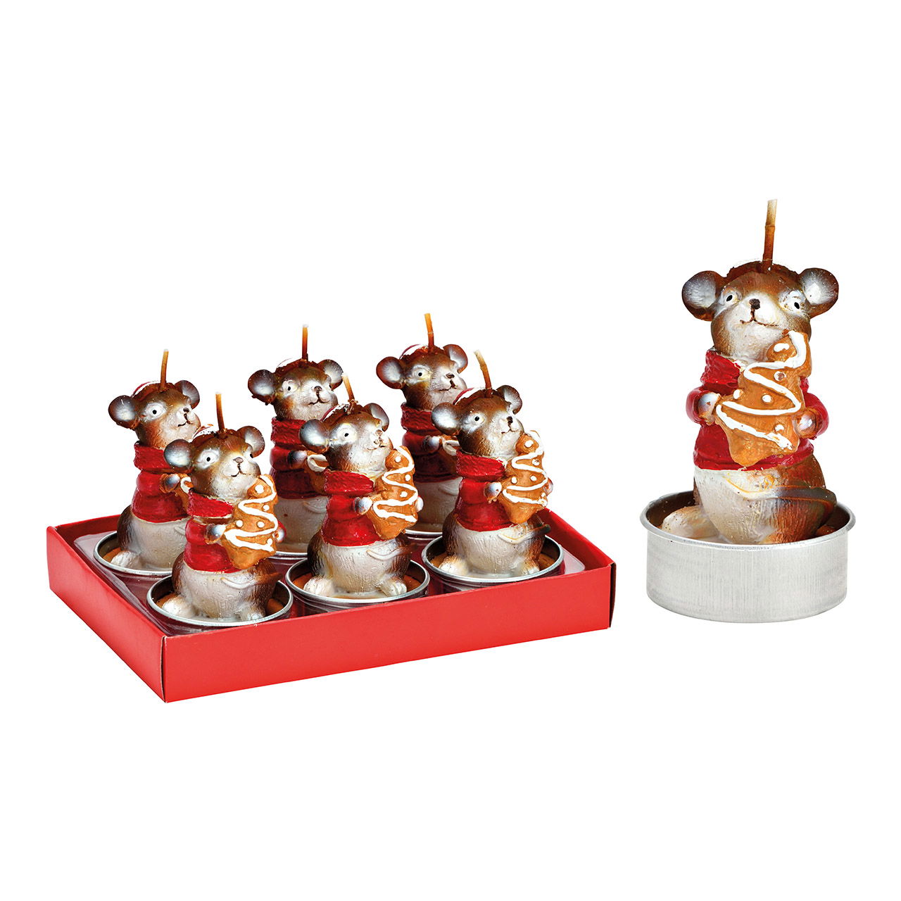 Teelicht-Set Wintermaus mit Lebkuchenbaum 4x7x4cm 6-er Set, aus Wachs rot (B/H/T) 14x8x9cm Figur