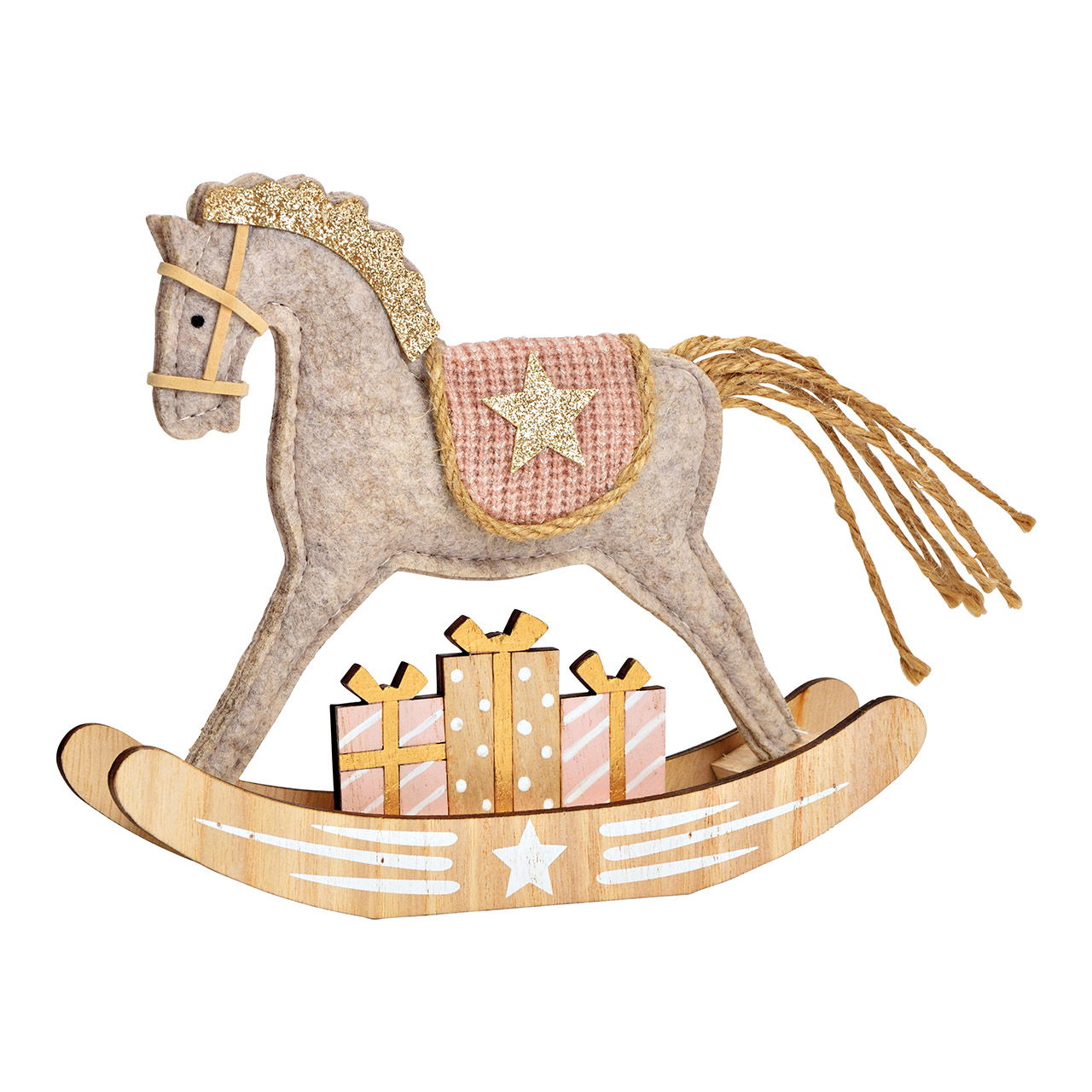 Rocking horse made of poplar wood/textile natural, pink (W/H/D) 20x17x4cm