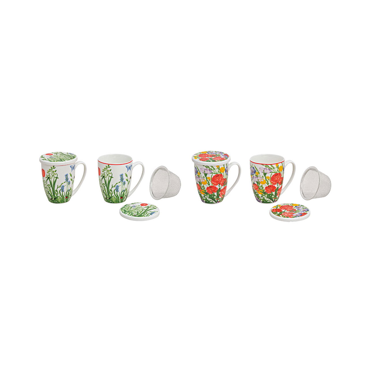 Tea mug with lid and strainer, floral decoration, 2 assorted, 11 cm