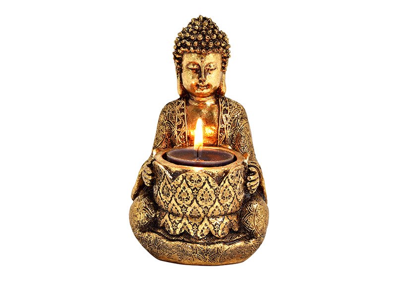 Teelichthalter Buddha aus Poly antique gold (B/H/T) 8x14x9cm