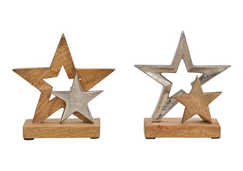 Estrella de metal y madera de mango plateada de 2 pliegues, (A/H/D) 15x15x6cm