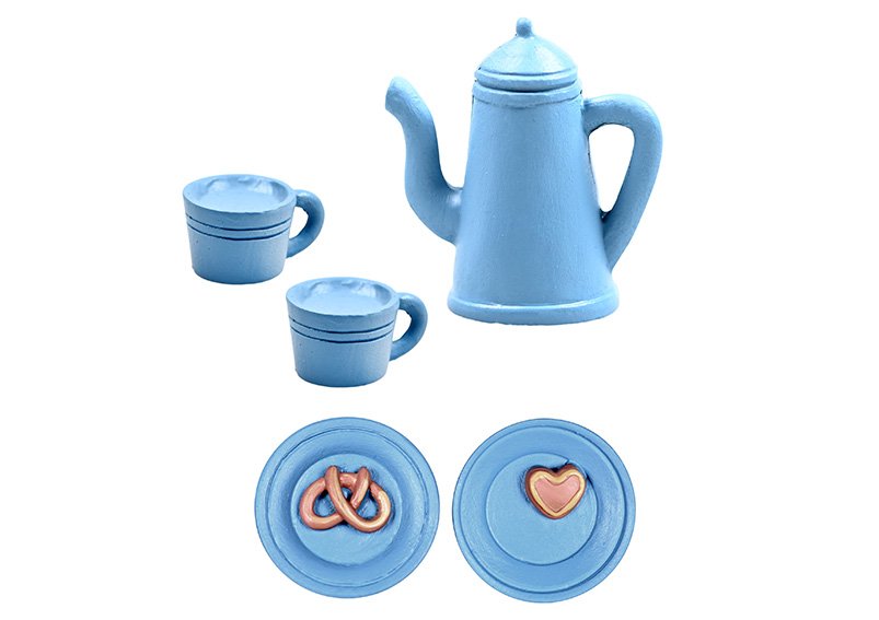 Secret Santa door display accessory, teapot with plates, cups made of poly blue (H) 3.5cm