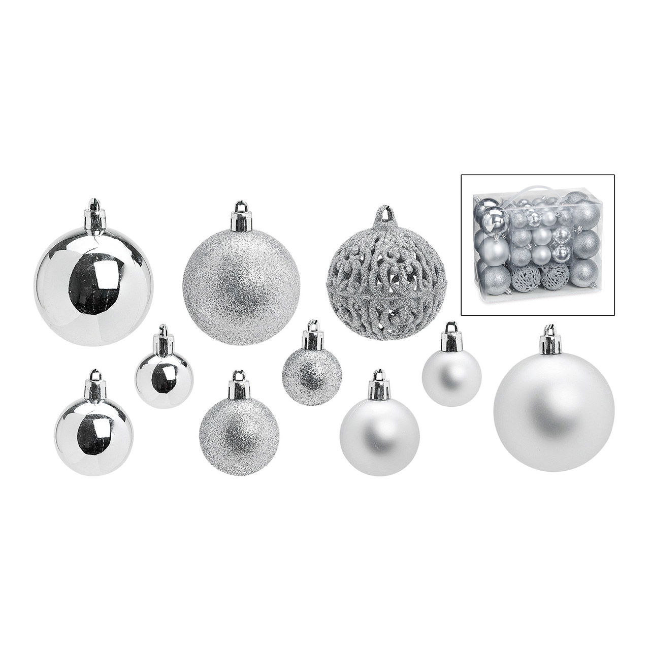 Set di palline di Natale in plastica, argento, set di 50, (L/H/D) 23x18x12cm Ø 3/4/6 cm