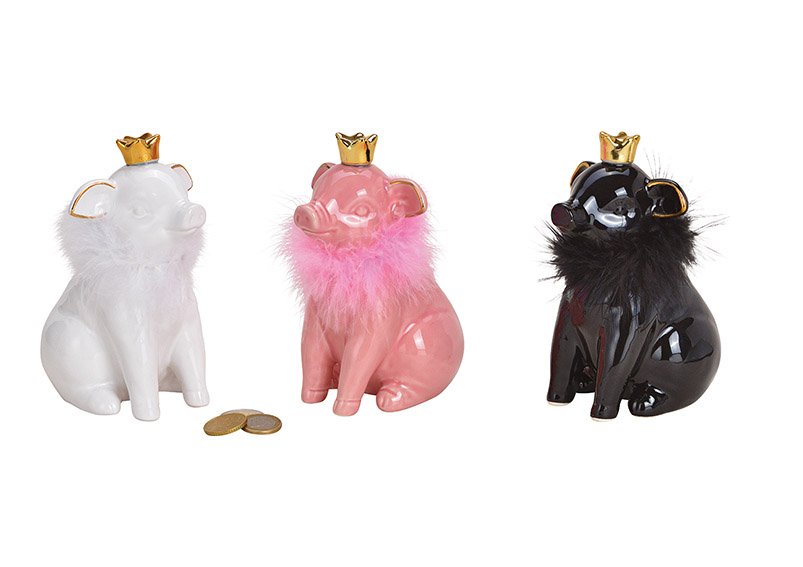 Spaarvarken met kroon, keramiek wit/roze/zwart 3-voudig, (w/h/d) 10x17x11cm
