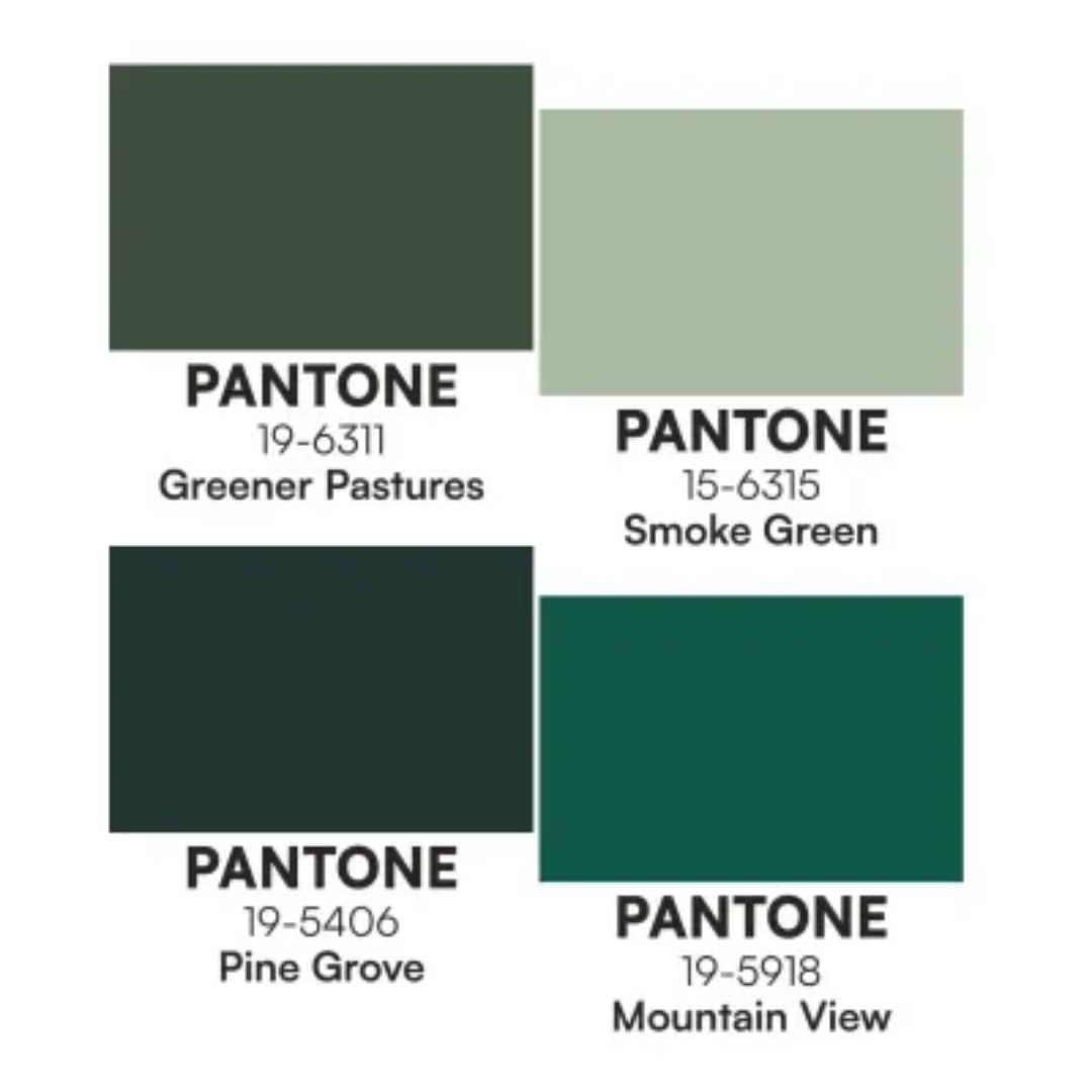 Greener Pastures, Smoke Green, Pine Grove, Mountain View, Pantone 19-6311/19-6315/19-5406/19-5918, Pantone, Greener Pastures, Smoke Green, Pine Grove, Mountain View