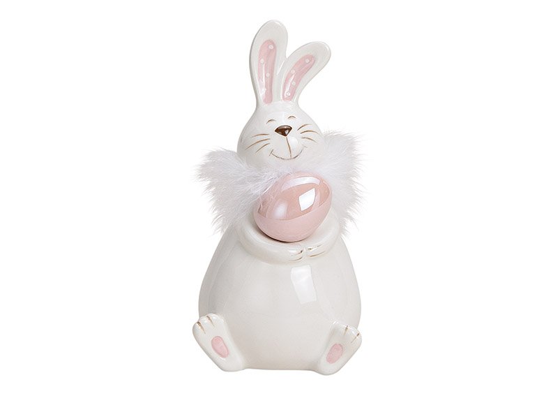 Rabbit with egg, rose/white, ceramic, (w/h/d) 7x14x7cm
