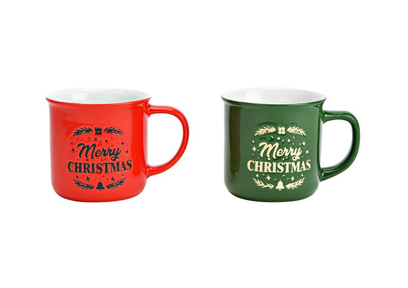 Mug, Merry Christmas stoneware green, red 2-fold, (W/H/D) 9x9x9cm