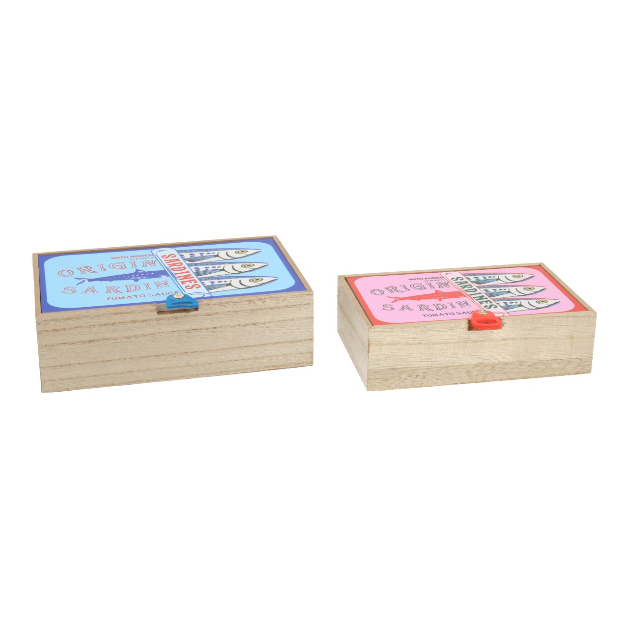Wooden sardine box blue set of 2 (W/H/D) 20x6x13cm holzbox, konservendose, tomatensauce, sardinen, banderole