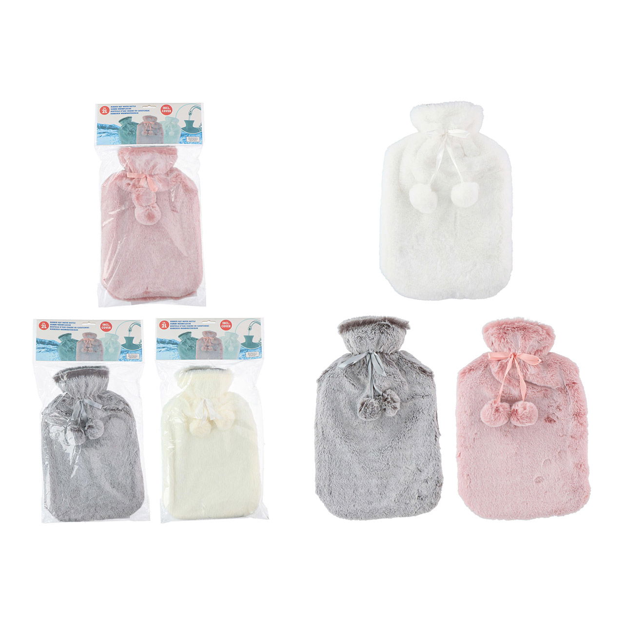 Bouillotte 2L, housse en peluche synthétique blanche, rose, grise 3 fois, (L/H/P) 23x33x4cm