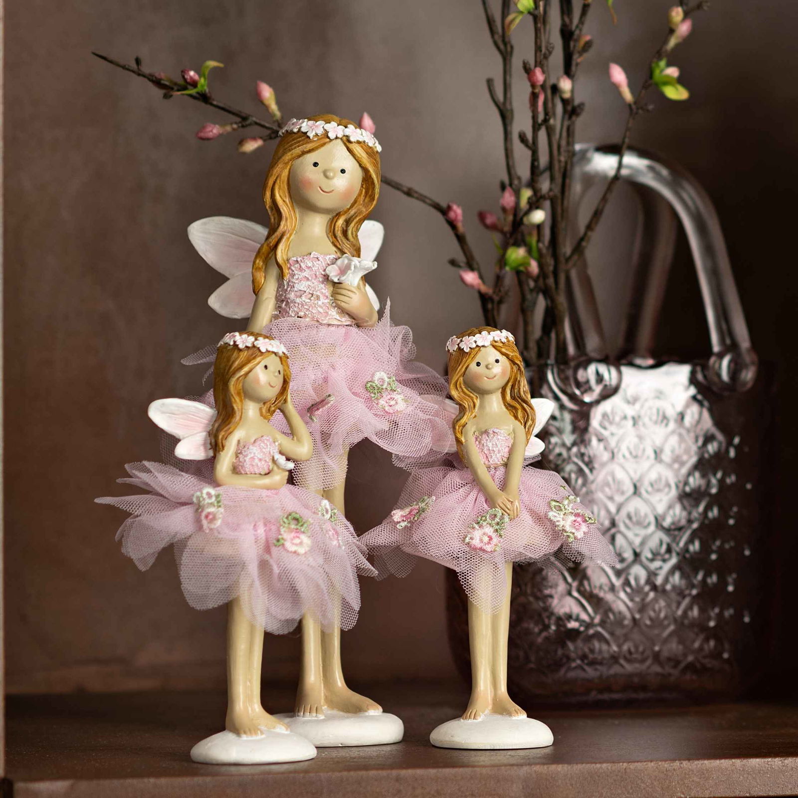 Display engel met bloemenjurk van poly, 2-voudig, roze/roze (B/H/D) 10x16x9cm Puppe, Spielzeug, Figur, Gesicht, Person