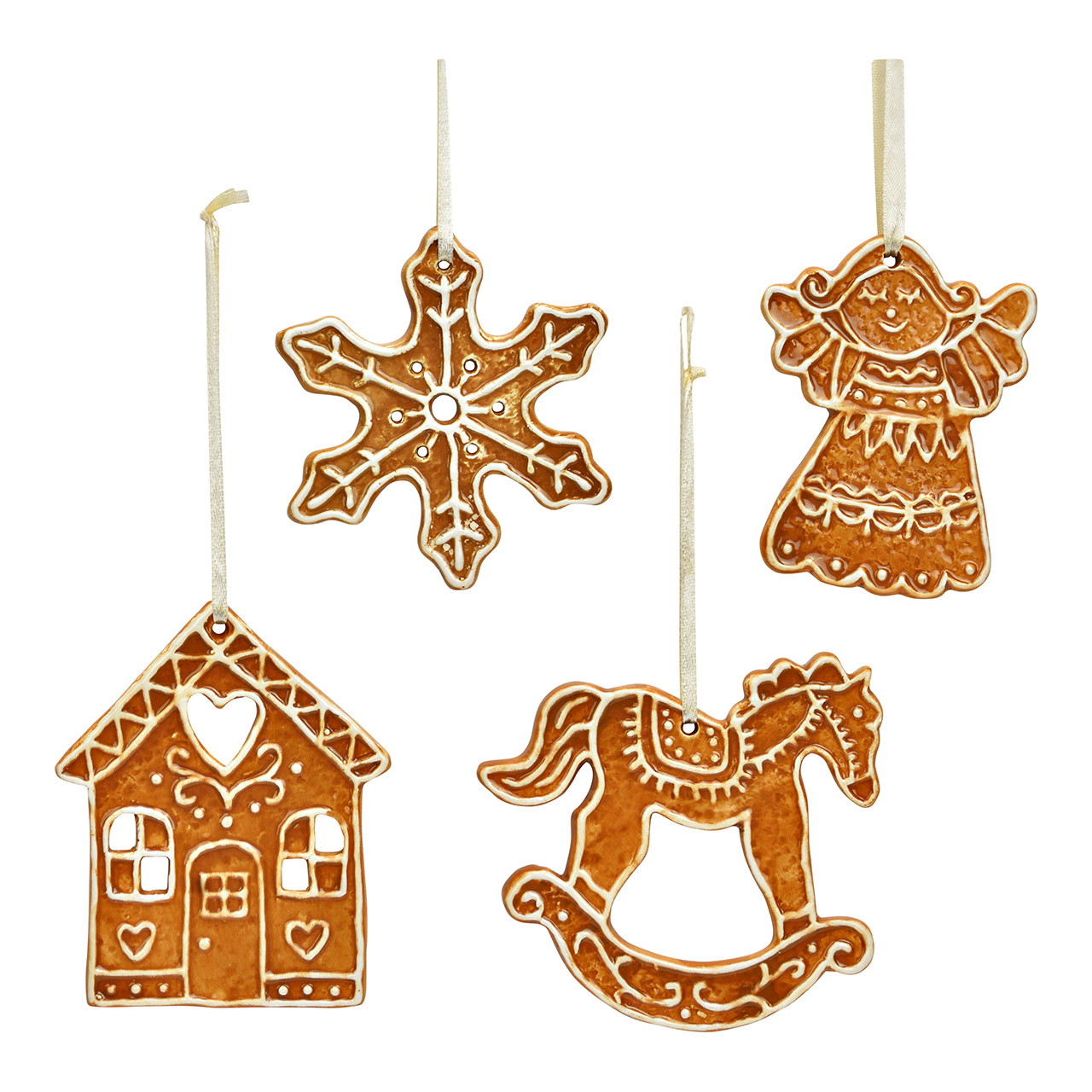 Weihnachtshänger Lebkuchen aus Porzellan, 4-fach, Braun (B/H) 9x10cm Zubehor, Ohrring, Schmuck, Süßigkeiten, Plätzchen