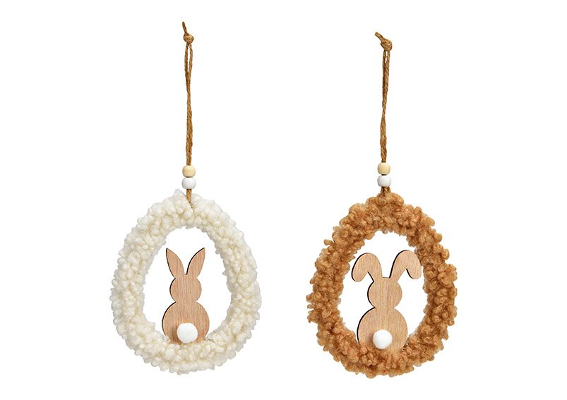 Hanger egg, bunny decor, made of wood, textile white, brown 2-fold, (W/H/D) 10x14x1cm