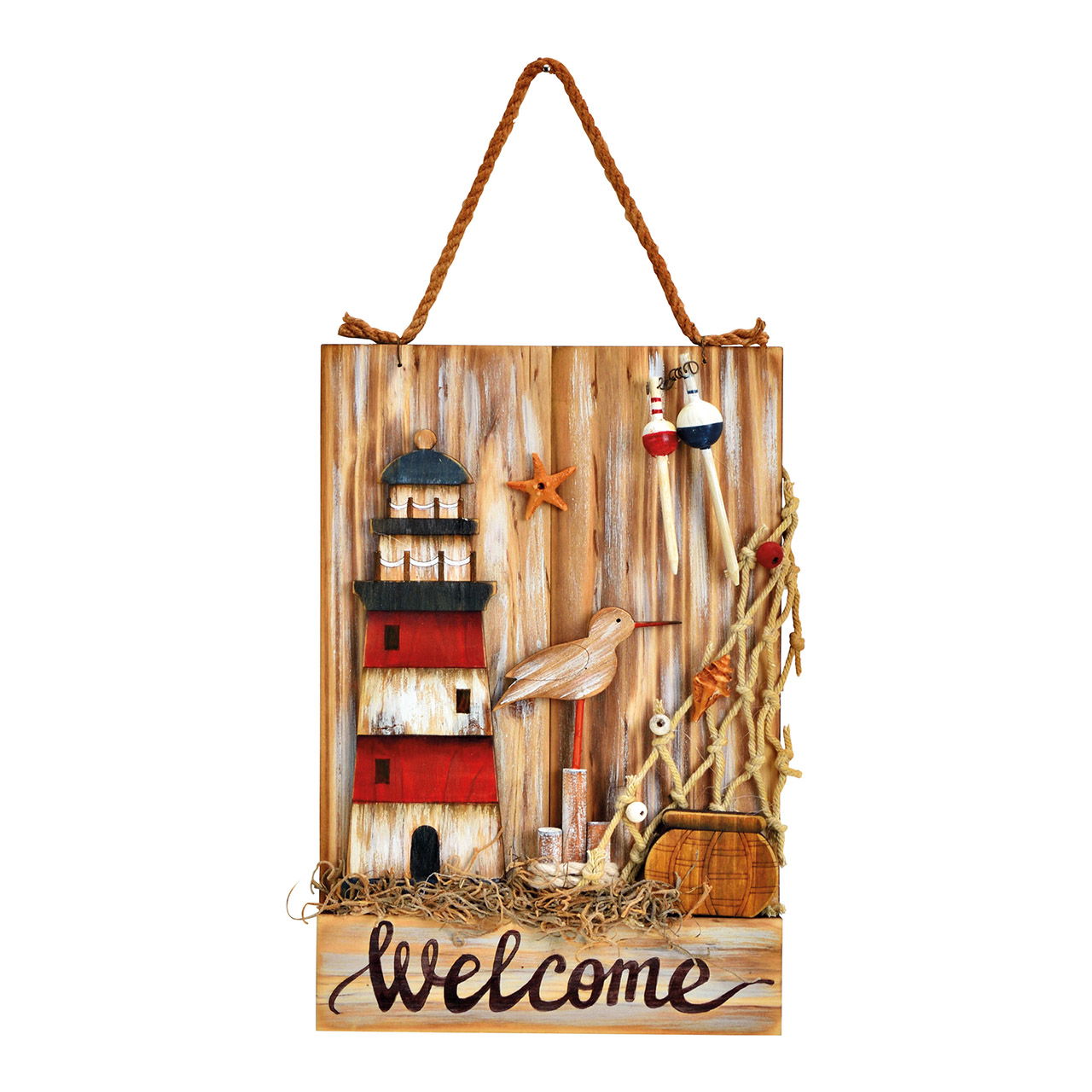 Appendino Welcome, faro, marittimo in legno (L/H/D) 18x37x2cm