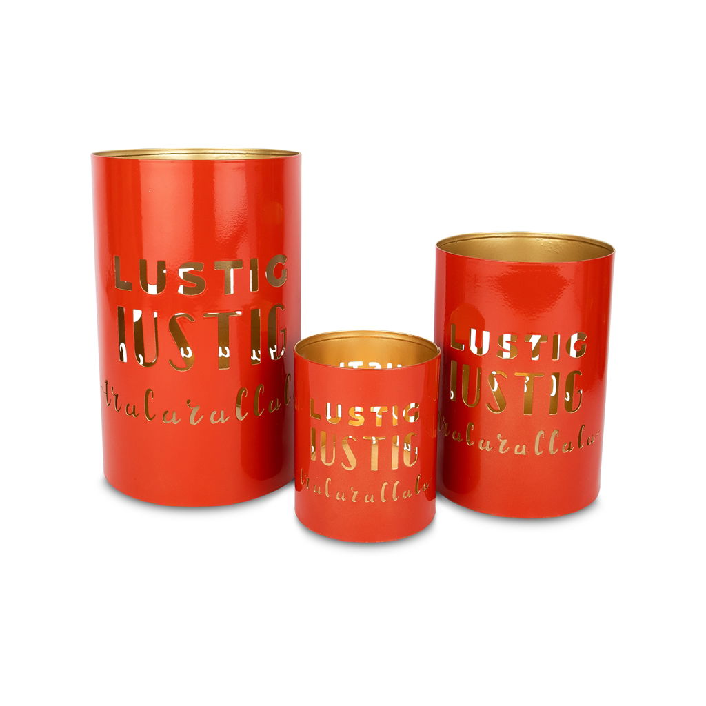 Windlichtset Trallalalala, Metall , 13x13x20cm/10x10x15cm/8x8x10cm, 3 Stck./ Set, rot/gold, EAN-S: 4065557004457, EAN-M: 4065557004464, EAN-L: 4065557004471 Kann, Zinn