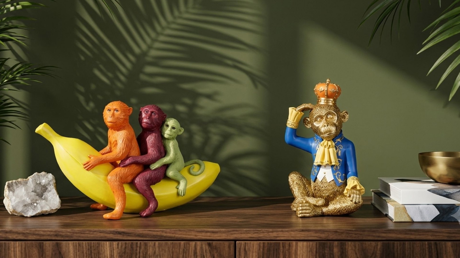 figuren, monkeys, bananenschale, königsstatue, dekorativeset