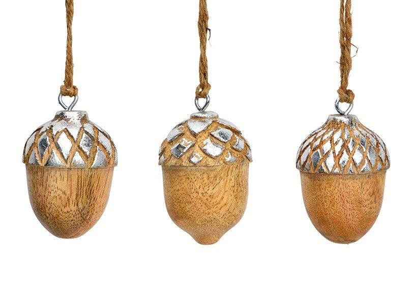 Christmas hanger acorns, mango wood nature, silver 3-fold, (W/H/D) 5x6x5cm