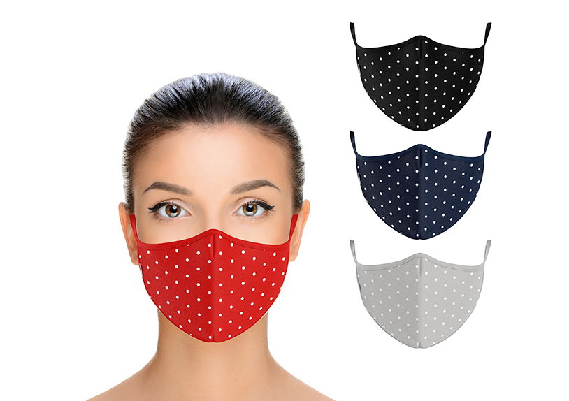 Mund-Nasen-Maske bepunktet aus Poly Bunt 4-fach, (B/T) 12x1cm Mund-Nasen-Maske bepunktet aus Poly Bunt 4-fach, (B/T) 12x1cm
