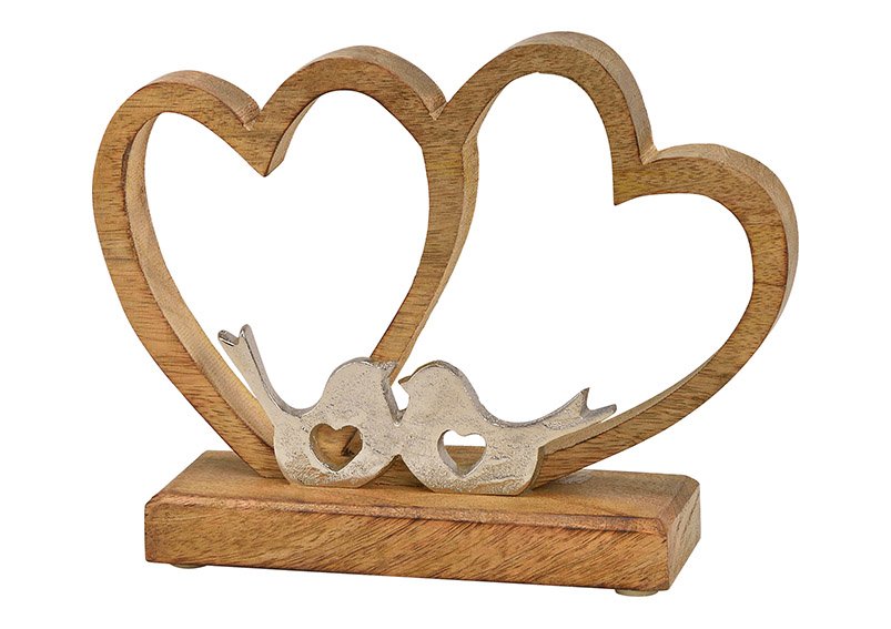 Présentoir double cœur avec oiseau en métal, bois brun (L/H/P) 16x20x6cm