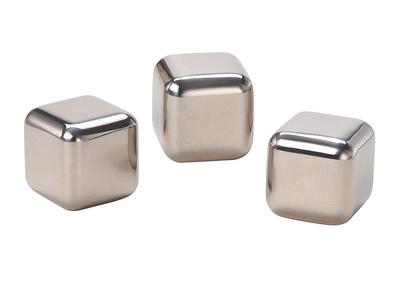 Whisky stainless steel cubes, 6 pcs, 2,7cm, with 1 pc black velvet bag, 2 pcs glass 210ml, 1 pc tong, in wooden box 23x10x21cm
