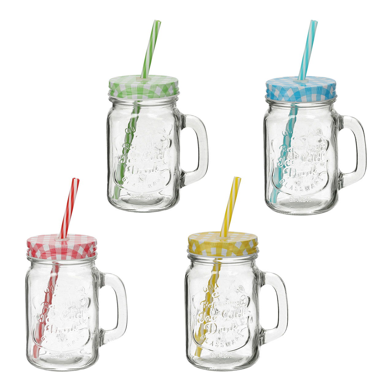 Trinkglas mit Henkel/Strohhalmdeckel, 4-fach, Bunt 450ml Trinkglas mit Henkel/Strohhalmdeckel, 4-fach, Bunt 450ml