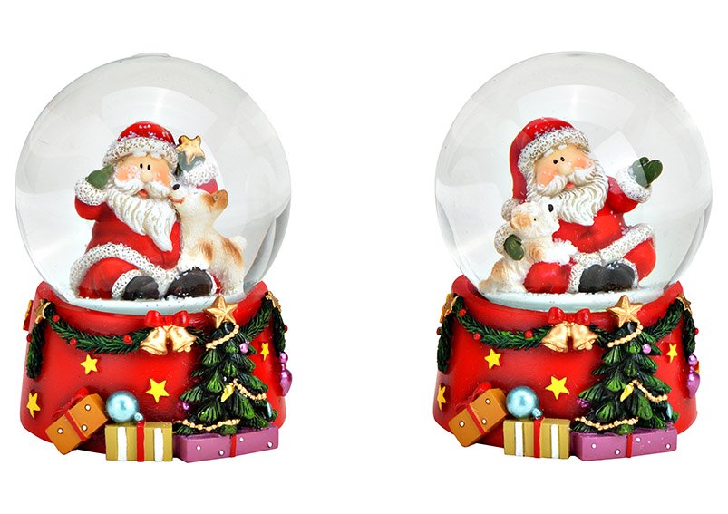Boule à neige Père Noël avec chien en poly, verre coloré 2 fois, (L/H/P) 6x9x7cm