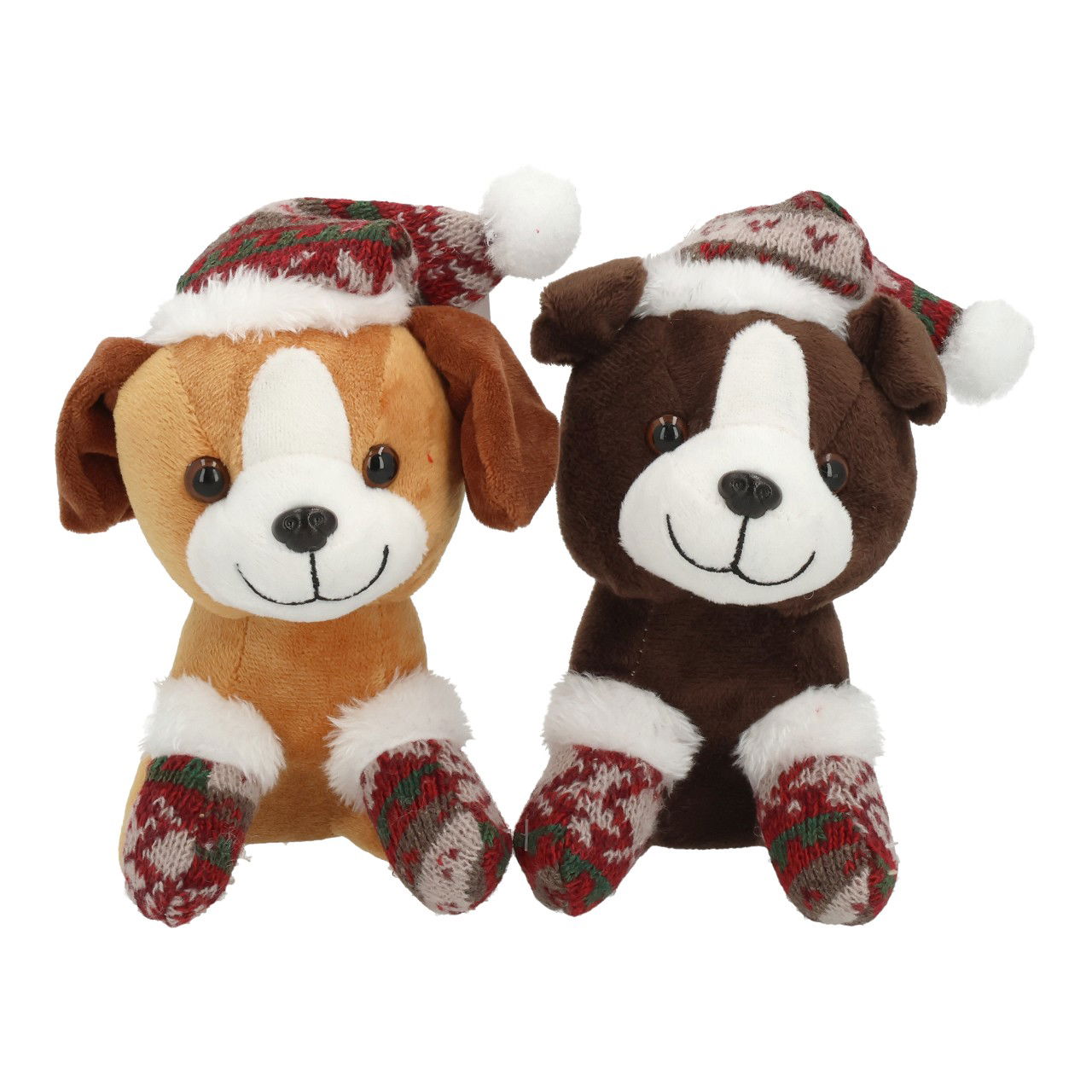 Hund mit Mütze, Handschuhen aus Plüsch Braun 2-fach sortiert (B/H/T) 10x17x10cm Plushie, Hund Plüsch, Winter Schmuck, Santas Mütze, Pfotenstulpen