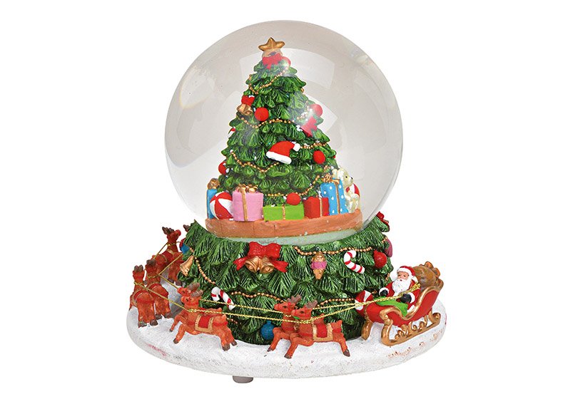Scatola musicale, globo di neve con musica, in movimento. Slitta di Babbo Natale in poli, vetro colorato (L/H/D) 16x18x16cm