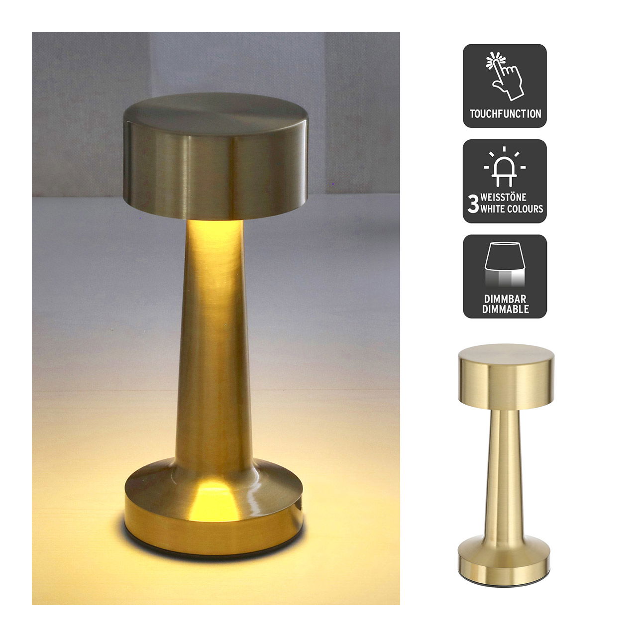 LED Tischlampe TOUCH, Indoor, USB, Eisen, 24LEDs, 3W, stufenlos dimmbar, gold (B/H/T) 9x21x9cm 1m USB Zuleitung Kabel