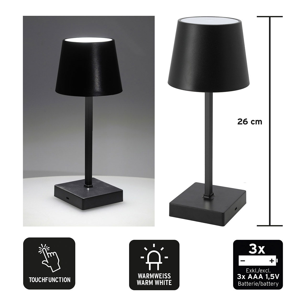 LED Tischlampe, Indoor, 3 Helligkeitsstufen per Touchfunktion aus Kunststoff schwarz (B/H/T) 10x26x10cm Batteriebetrieben 3x AAA nicht enthalten LED Tischlampe, Indoor, 3 Helligkeitsstufen per Touchfunktion aus Kunststoff schwarz (B/H/T) 10x26x10cm Batteriebetrieben 3x AAA nicht enthalten