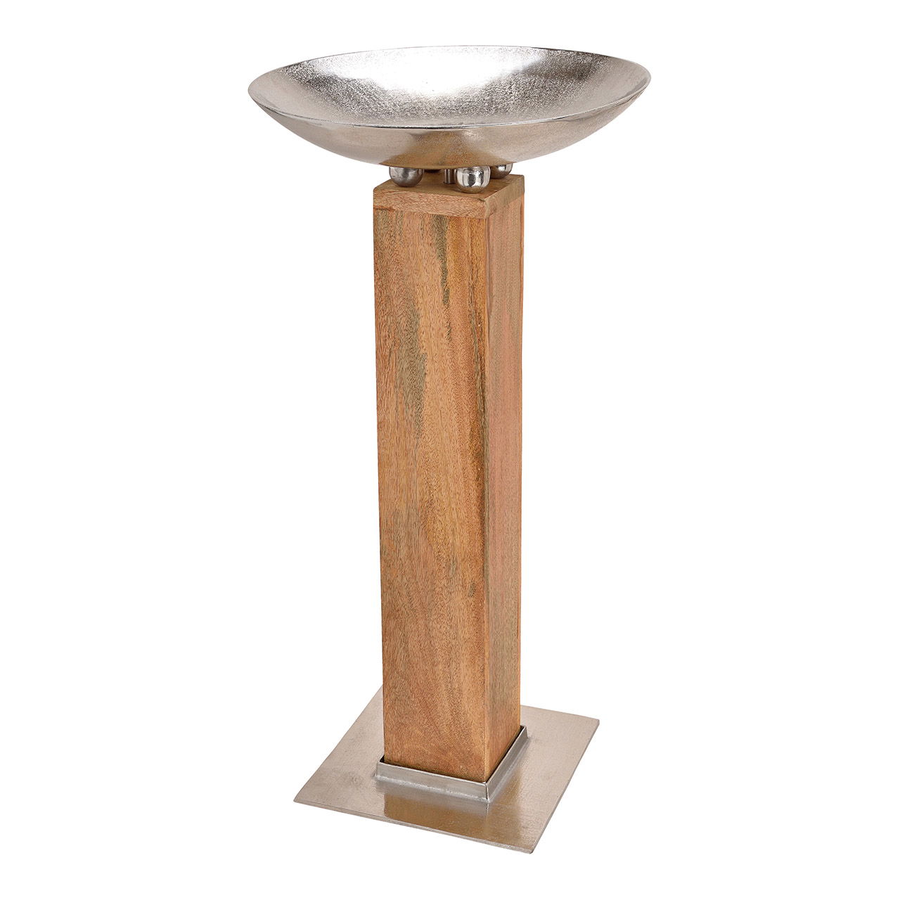 Säule aus Mangoholz mit Schale aus Metall, Braun/Silber (B/H/T) 50x90x50cm Architektur, Springbrunnen, Wasser