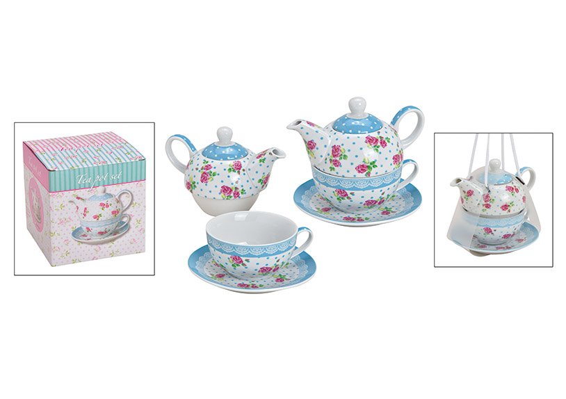 Tea for one set, rose design, blue, porcelain, set of 3, 