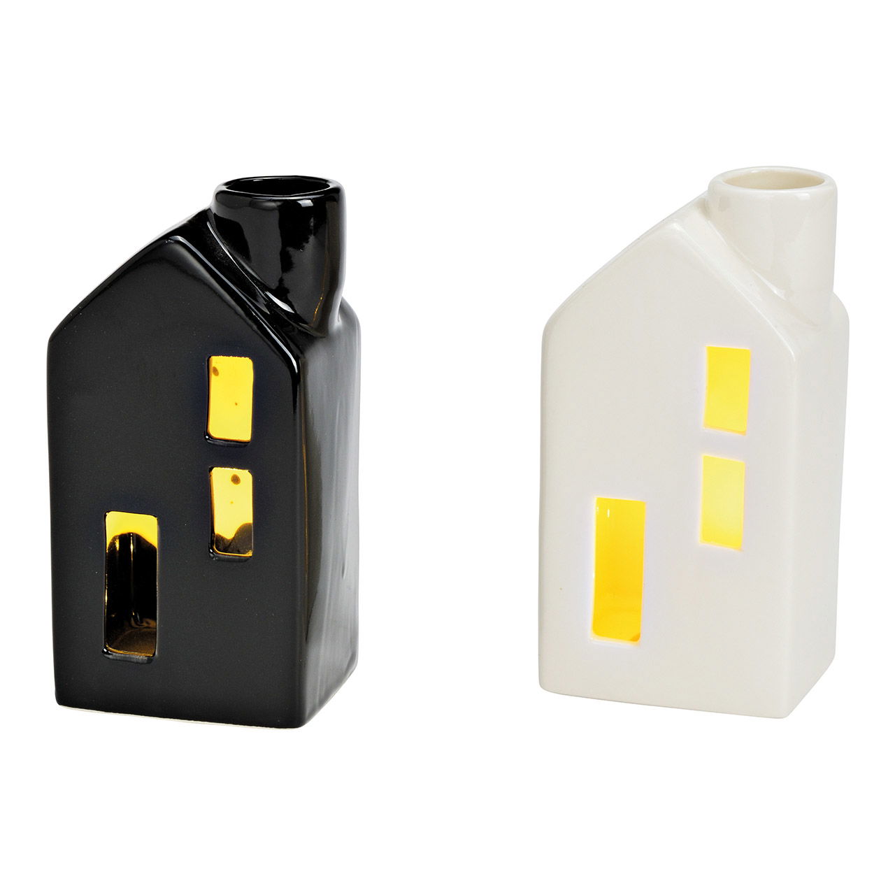 Candle holder house with light battery operation 3xLR44 not included made of porcelain white, black 2-fold, (W/H/D) 6x12x5cm Candle holder house with light battery operation 3xLR44 not included made of porcelain white, black 2-fold, (W/H/D) 6x12x5cm