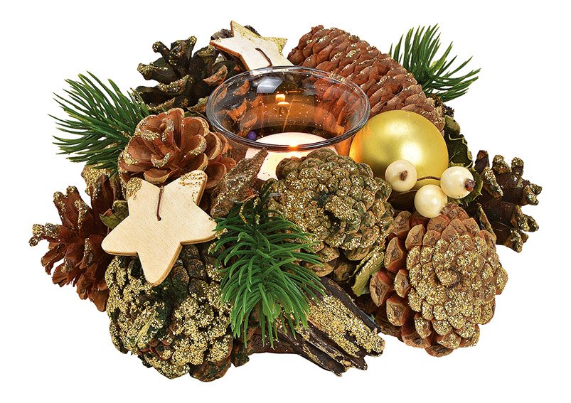 Windlight wreath wood, plastic brown/gold 20x9x20cm
