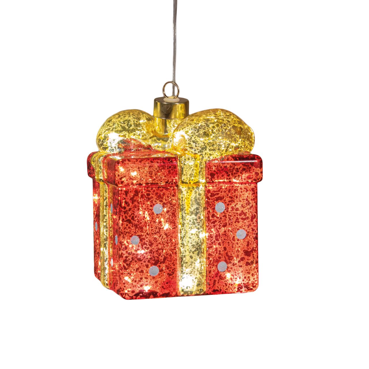 Glasfigur Päckchen 15LED Warm Weiß 10,5x13,3cm Weihnachtskugeln, Glitzer-Weihnachtsbaumschmuck, Geschenkform, RedundGold, GlitzernderAnhänger