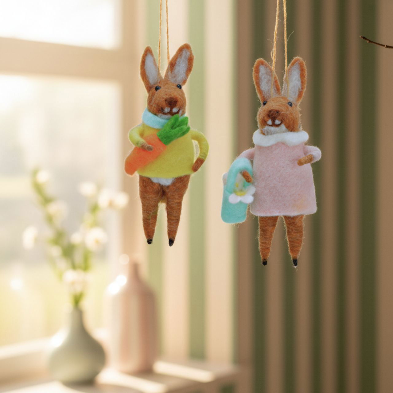 Suspension lapin en feutre, 2 fois, marron/jaune/rose(L/H/P) 7x14x7cm