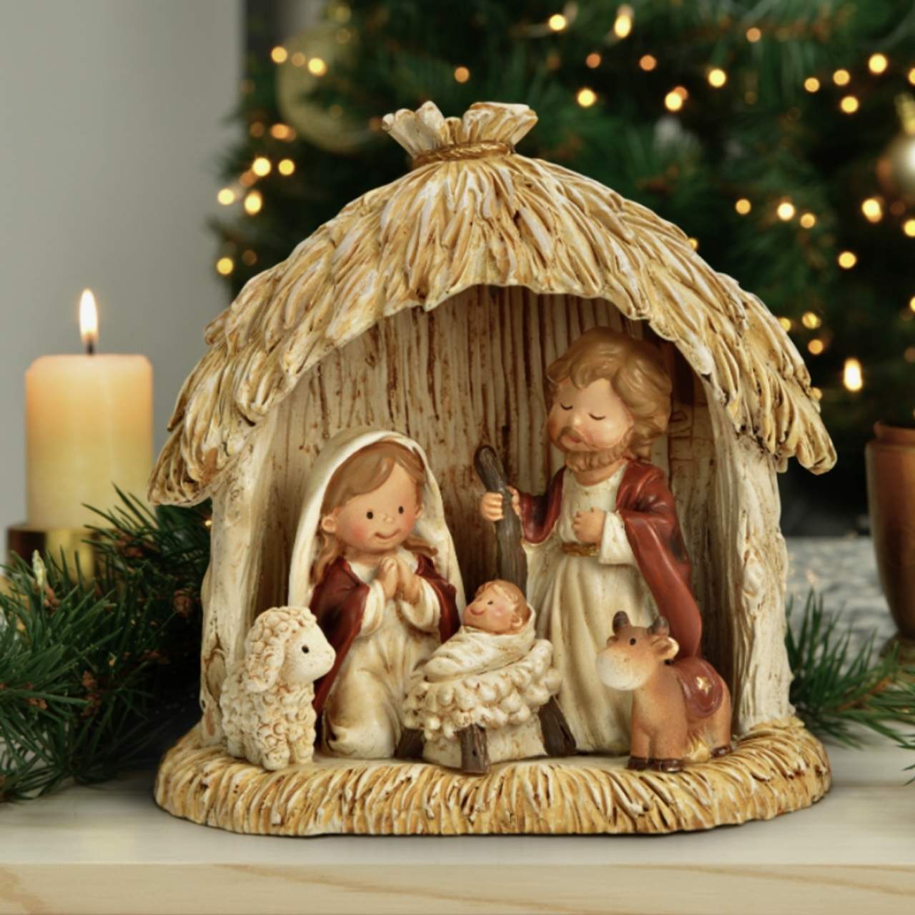 Krippenszene aus Poly, Beige (B/H/T) 10x10x5cm Figur, Puppe, Person, Baby, Gesicht