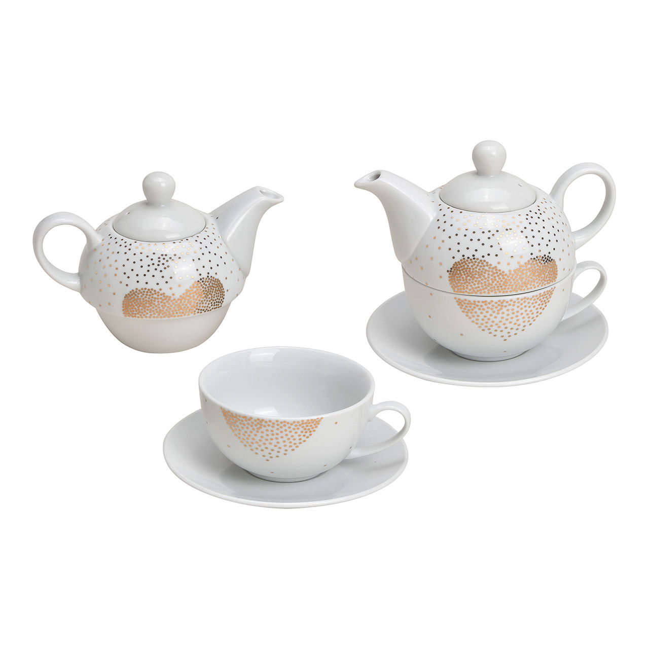 Teapot set heart decor made of porcelain white, gold set of 3, (W/H/D) 16x15x16cm 400/200ml