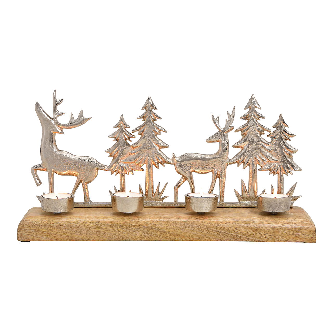 Advent decoratie, theelichthouder voor 4 theelichtjes, winterbosdecoratie van metaal op houten voet Zilver (B/H/D) 40x20x10cm