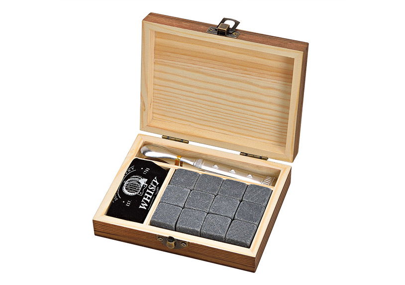 Set di pietre da whisky, cubetti di ghiaccio in pietra basaltica 2x2x2cm, un paio di pinze in scatola di legno Grey12er Set, (L/H/D) 13x10x4cm