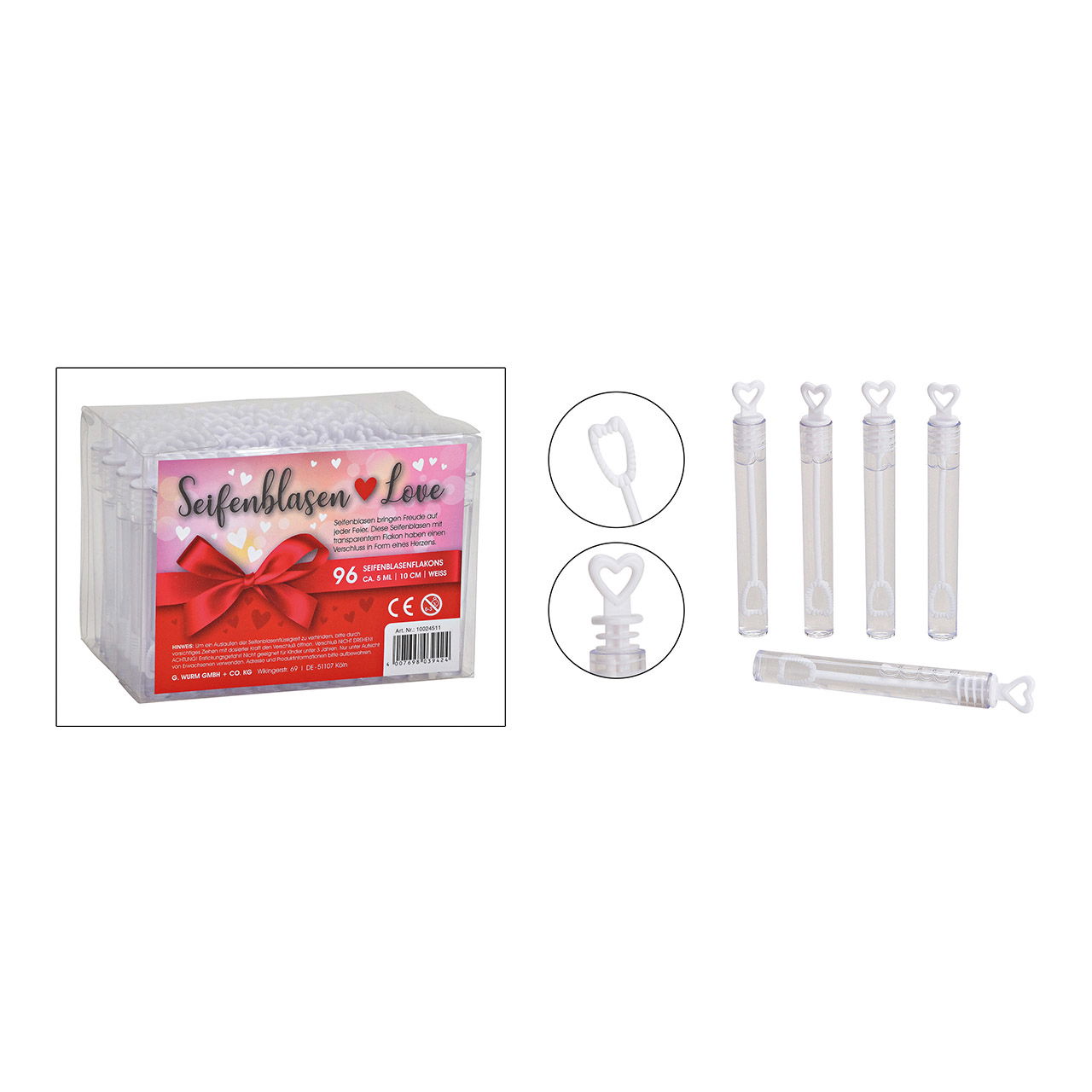 Zeepbellen set van 96, hart voor bruiloft, plastic, 4.5ml, (B/H/D) 1x10x1cm Ø1cm Zeepbellen set van 96, hart voor bruiloft, plastic, 4.5ml, (B/H/D) 1x10x1cm Ø1cm