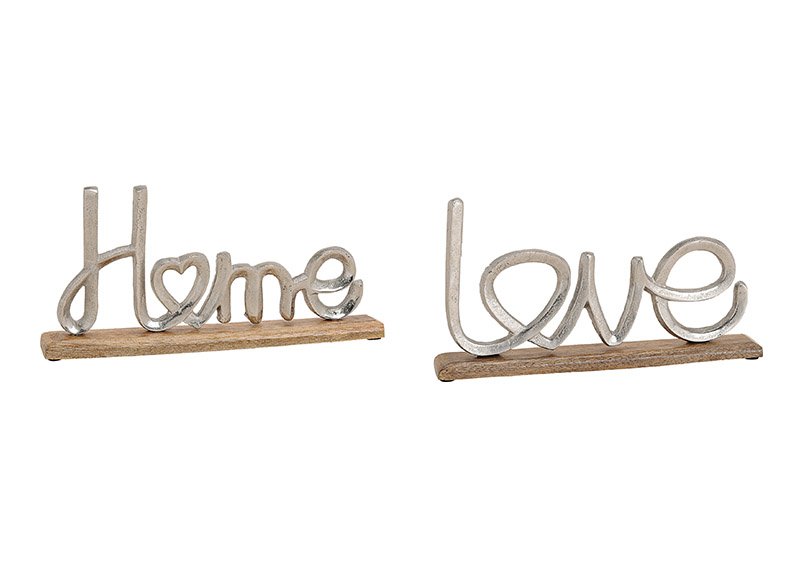 Lettering, home/love metal, mango wood base, silver, brown, 32x17x5cm